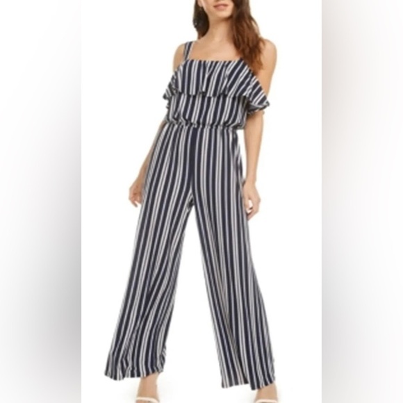 Bar III Ruffled Bodice Striped Jumpsuit - Picture 1 of 10